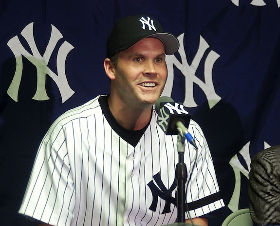 New York Yankees pitcher Denny Neagle speaks during a press conference Frid...