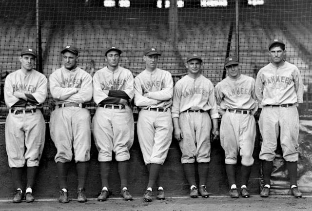 From left to right: Leo Durocher, Lou Gehrig, Tony Lazzeri, Joe Dugan, Benny Begough, Gene Roberston, and Mark Koeing in 1928. (NYDN)