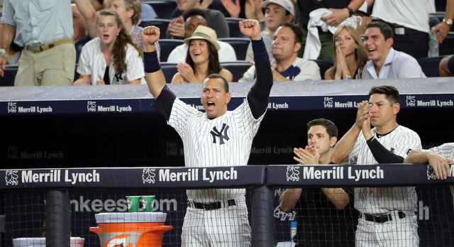 Aug 12, 2016; Bronx, NY, USA;  New York Yankees designated hitter Alex Rodriguez (13) reacts from the dugout as shortstop Didi Gregorius (18) and first baseman Mark Teixeira (not pictured) score during the fourth inning against the Tampa Bay Rays at Yankee Stadium. Mandatory Credit: Anthony Gruppuso-USA TODAY Sports