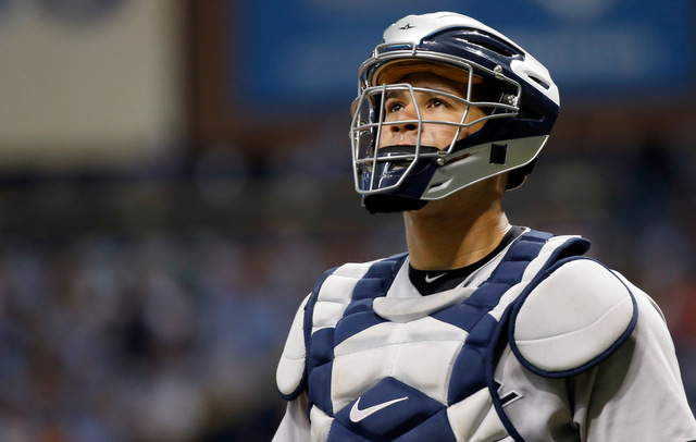 Al Scott on X: Gary Sanchez is wearing a • Yankees navy blue catcher's  helmet • Brown & gold catcher's gear • City connect uniform My OCD is  going crazy  /