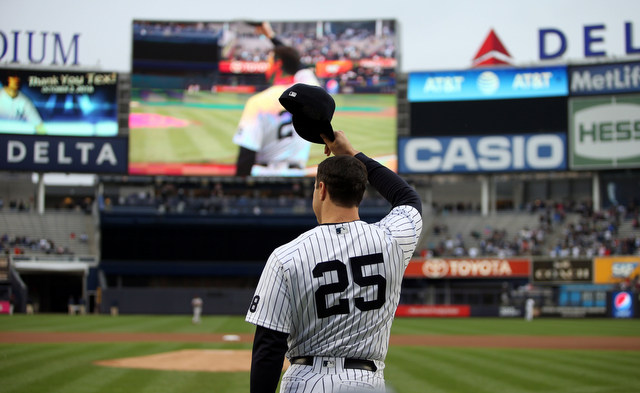 Oct 2, 2016; Bronx, NY, USA; New York Yankees first baseman Mark Teixeira (25) waves to the crowd during a retirement ceremony before a game against the Baltimore Orioles at Yankee Stadium. Mandatory Credit: Danny Wild-USA TODAY Sports